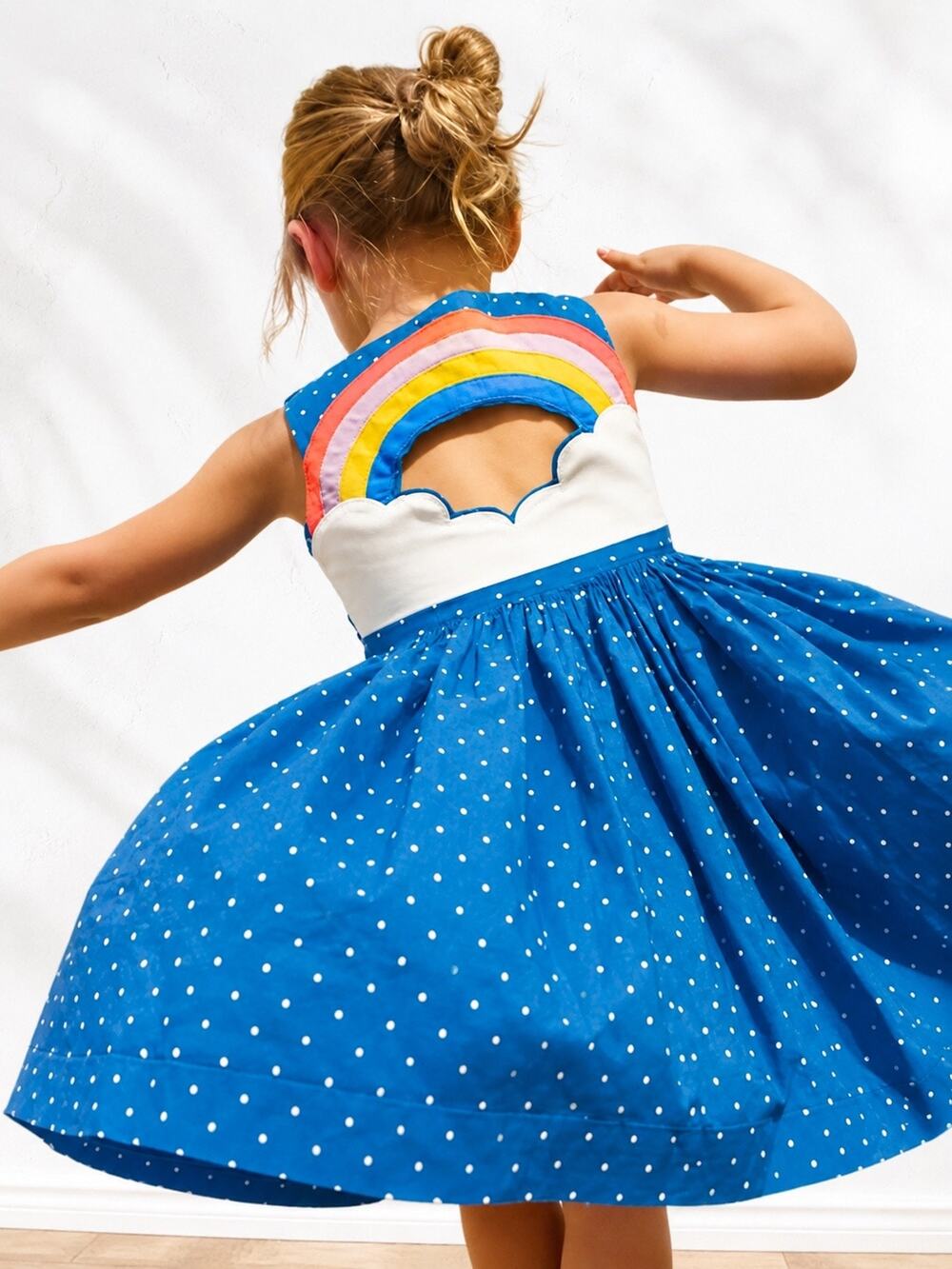 Mini Boden Cross Back Dress Blue Polka Dot Rainbow Cloud Appliqué 6-7 Years